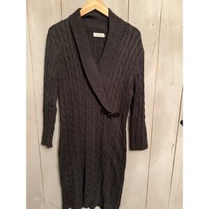 Calvin Klein Shawl Collar Lg Ribbed Sweater Dress Charcoal Gray Belt Accent‎